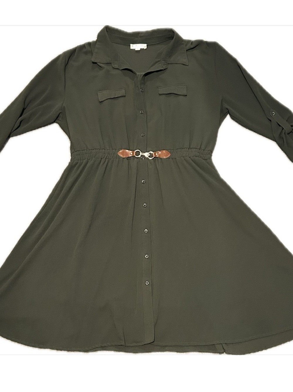 Women's Olive Long-Sleeve Button-Front Shirt Dress with Cinch Waist